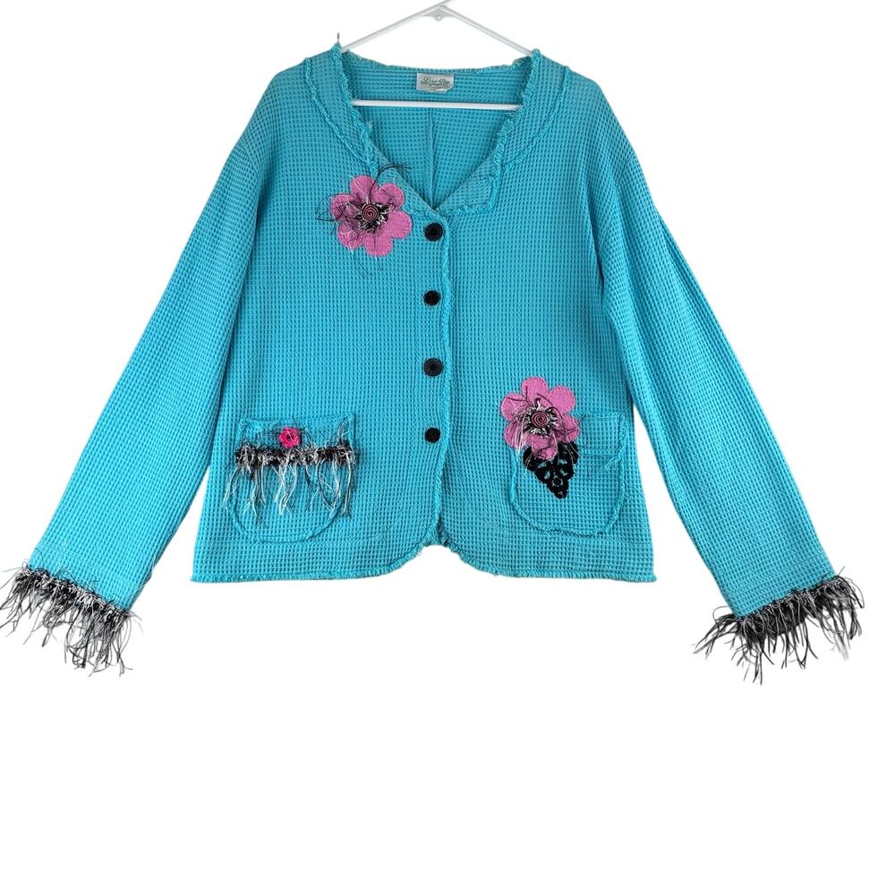 Vintage Petal Bay Waffle Knit Sweater Jacket Womens XL Fringe Flower Art To Wear